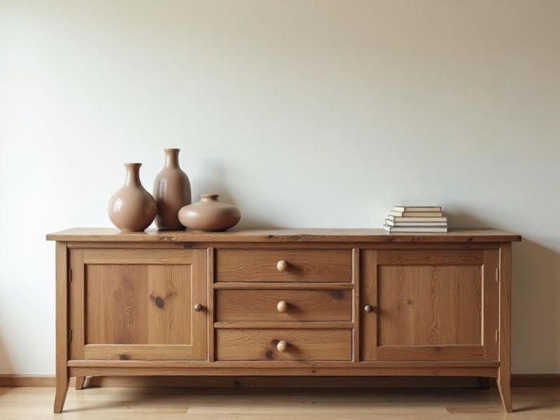 Rustic oak sideboard styling with ceramic vases and books